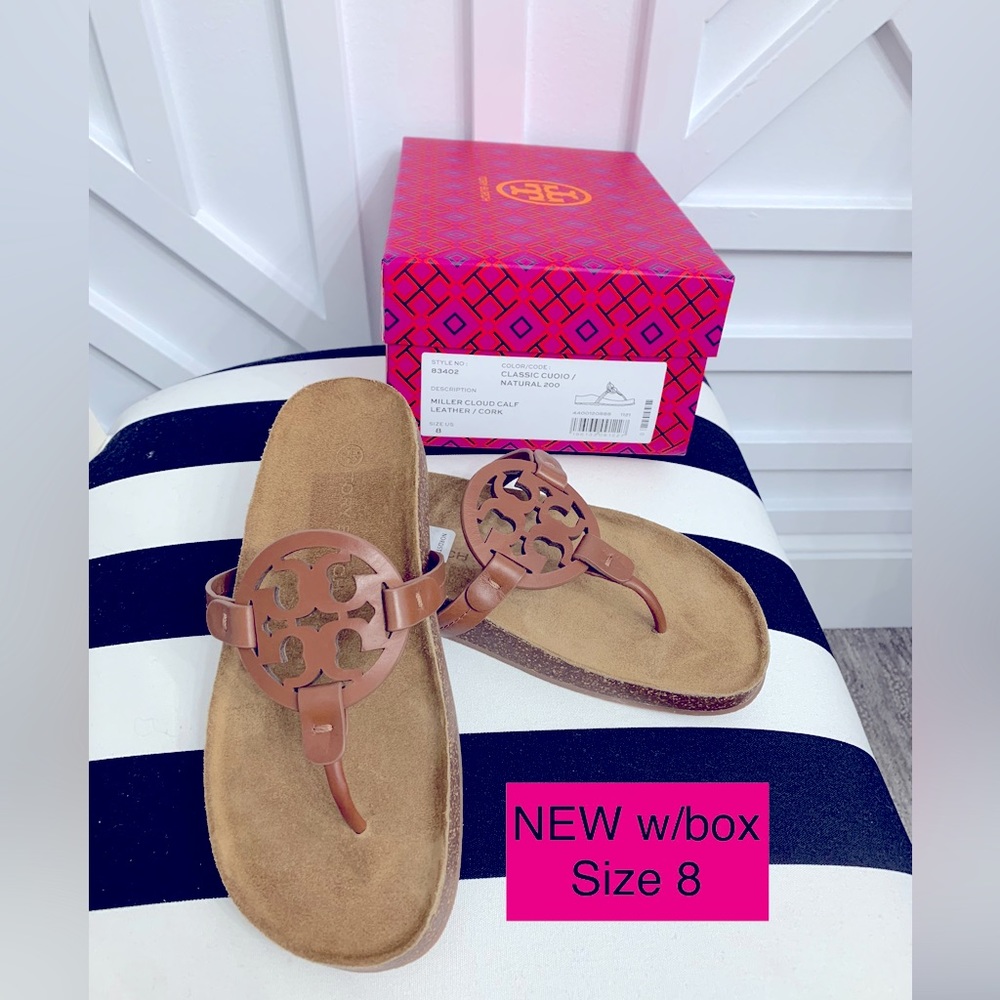 SOLD! NEW Tory Burch cloud miller logo leather sandals size 8 brown